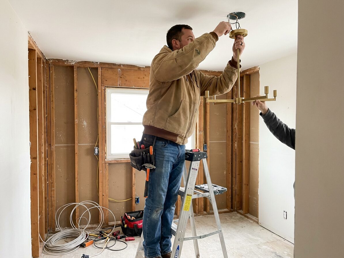 Contractor installing electrical fixture