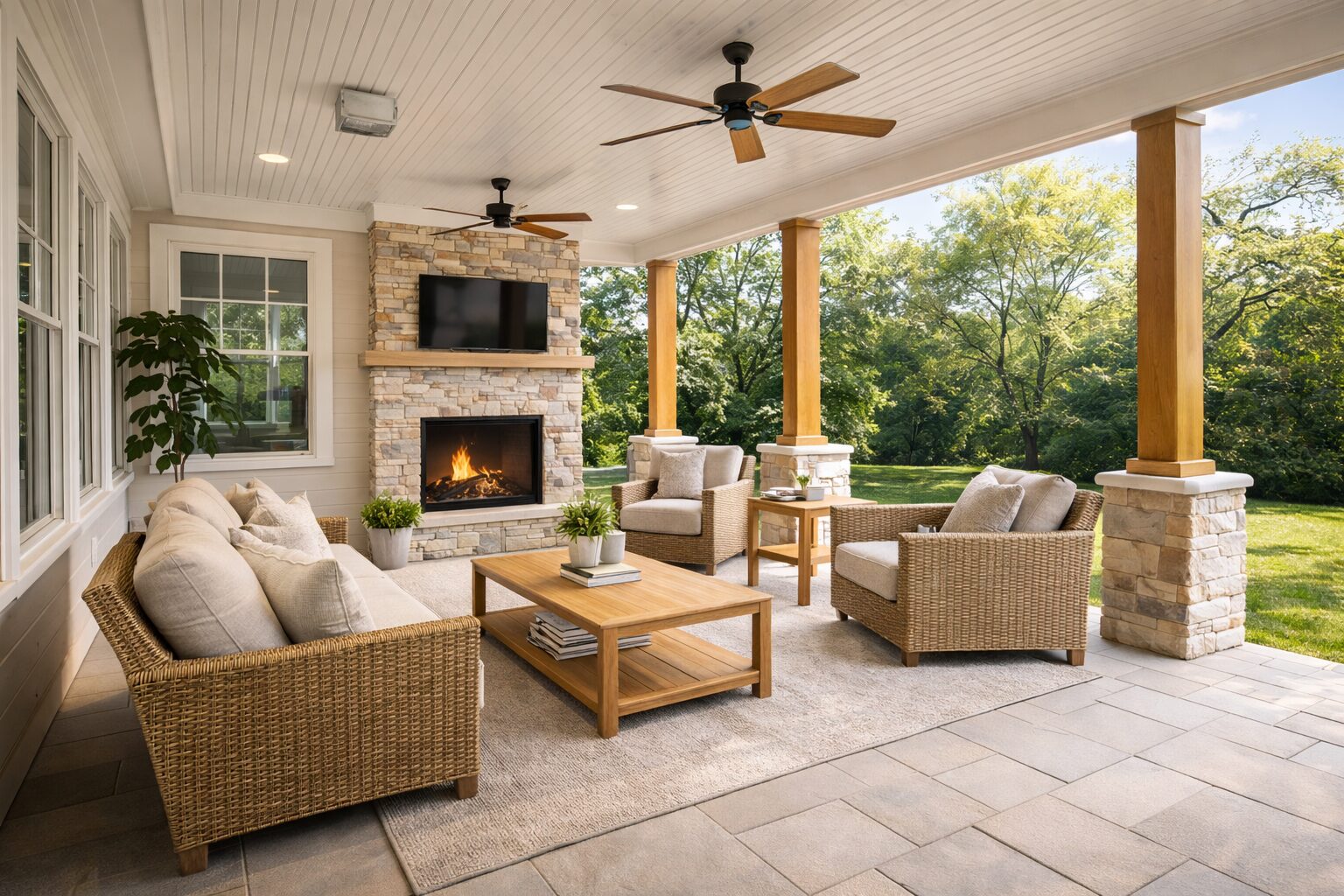 Cozy outdoor patio with fireplace