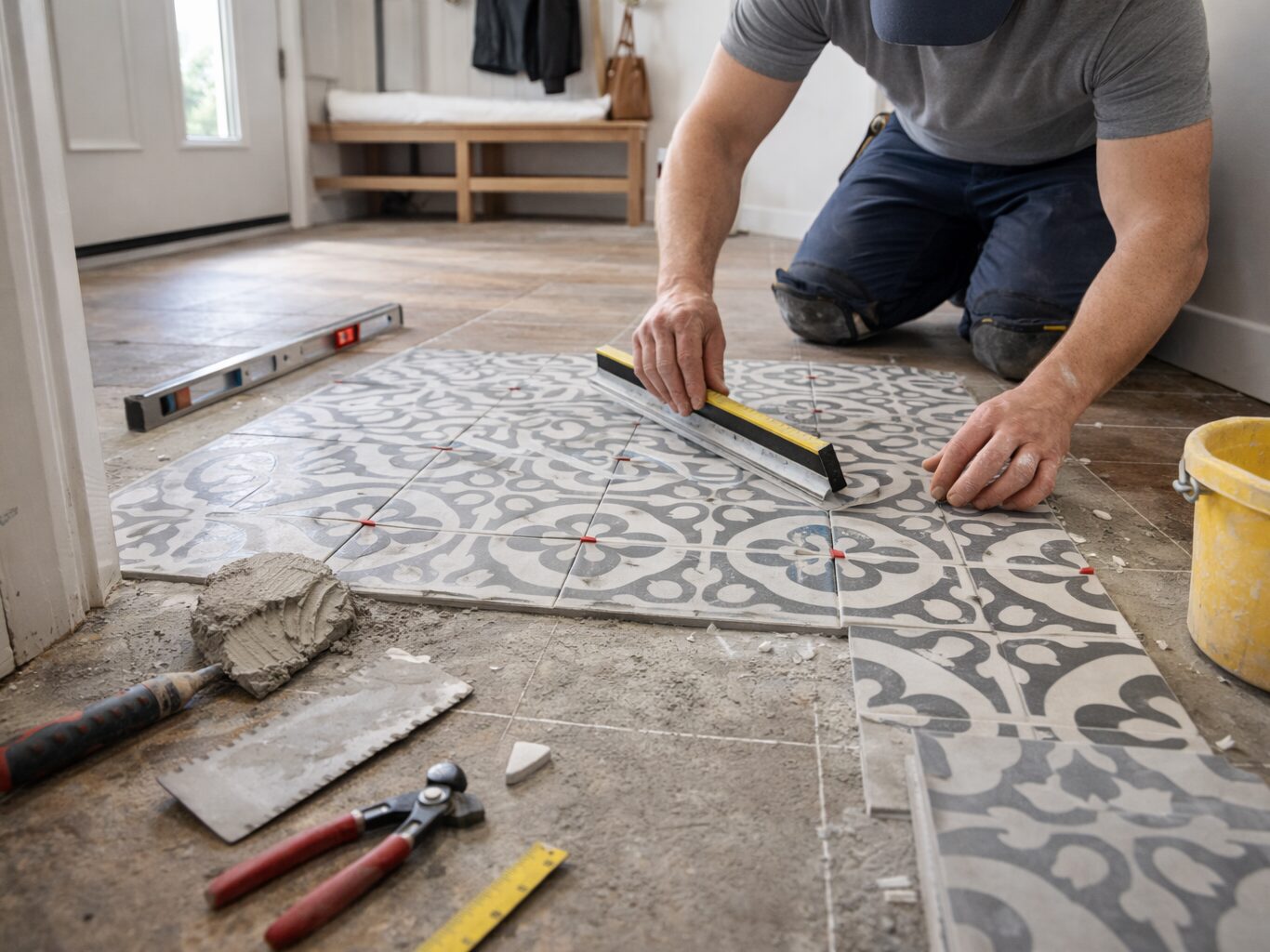 Craftsman installing decorative cement tiles