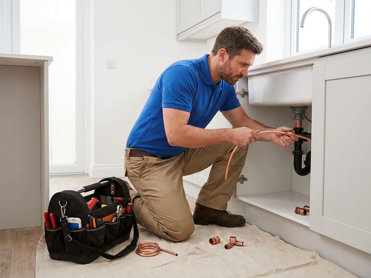 Handyman completing plumbing and fixture updates