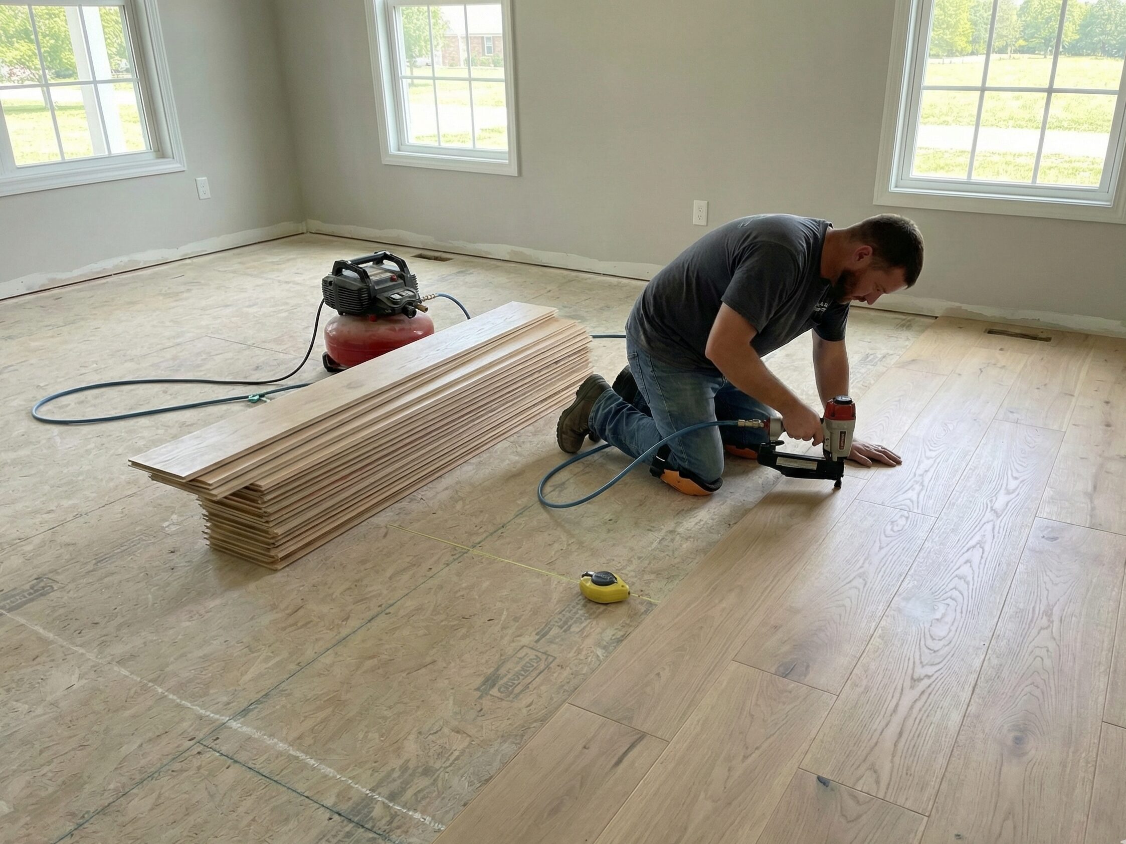 Wide plank oak hardwood flooring installation