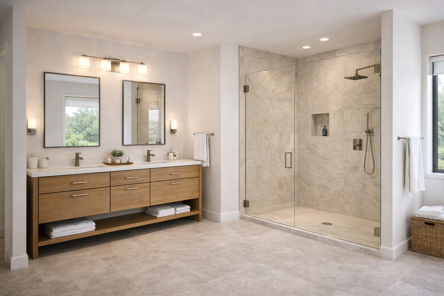 Modern bathroom with oak vanity
