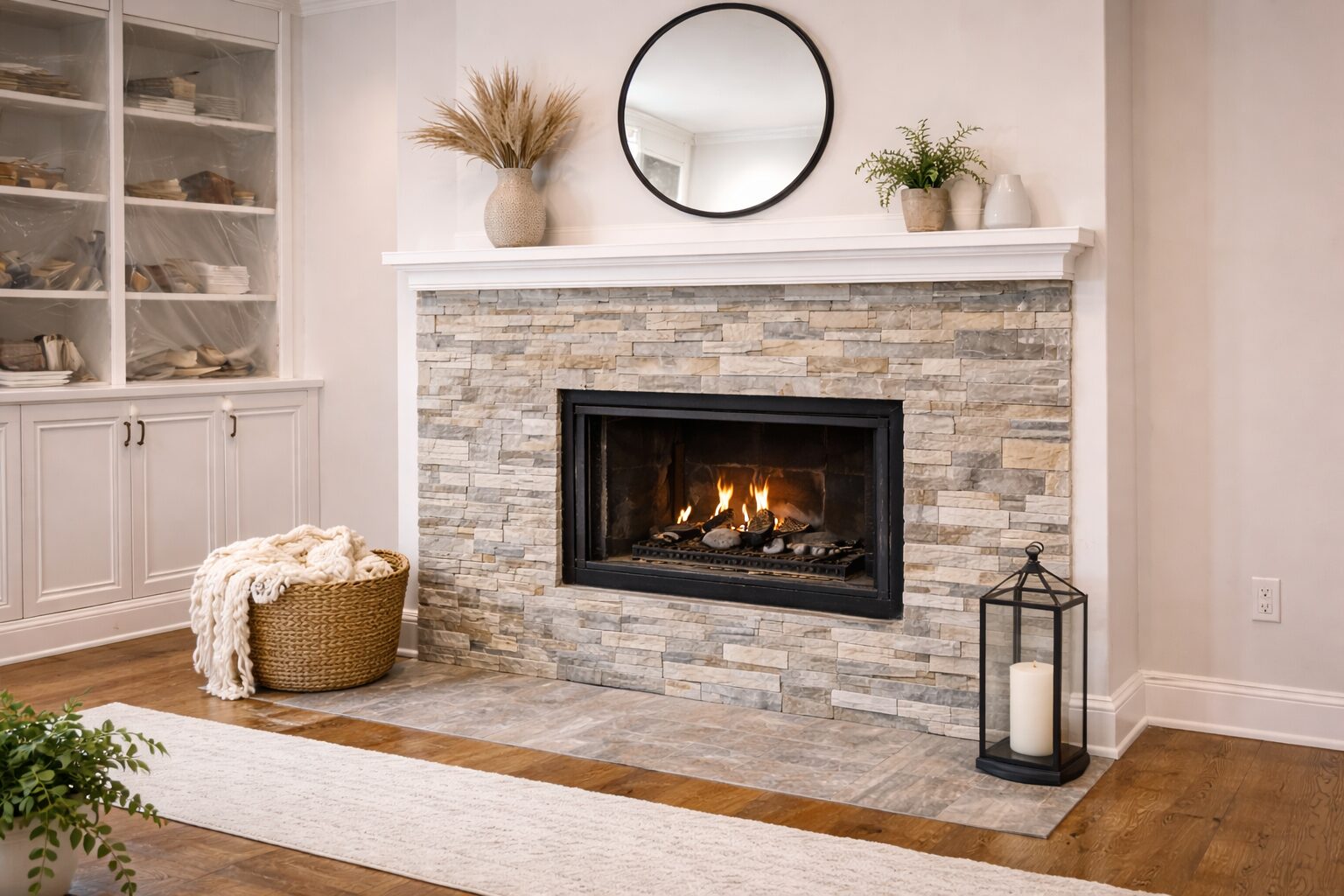 Modern fireplace with decorative accents