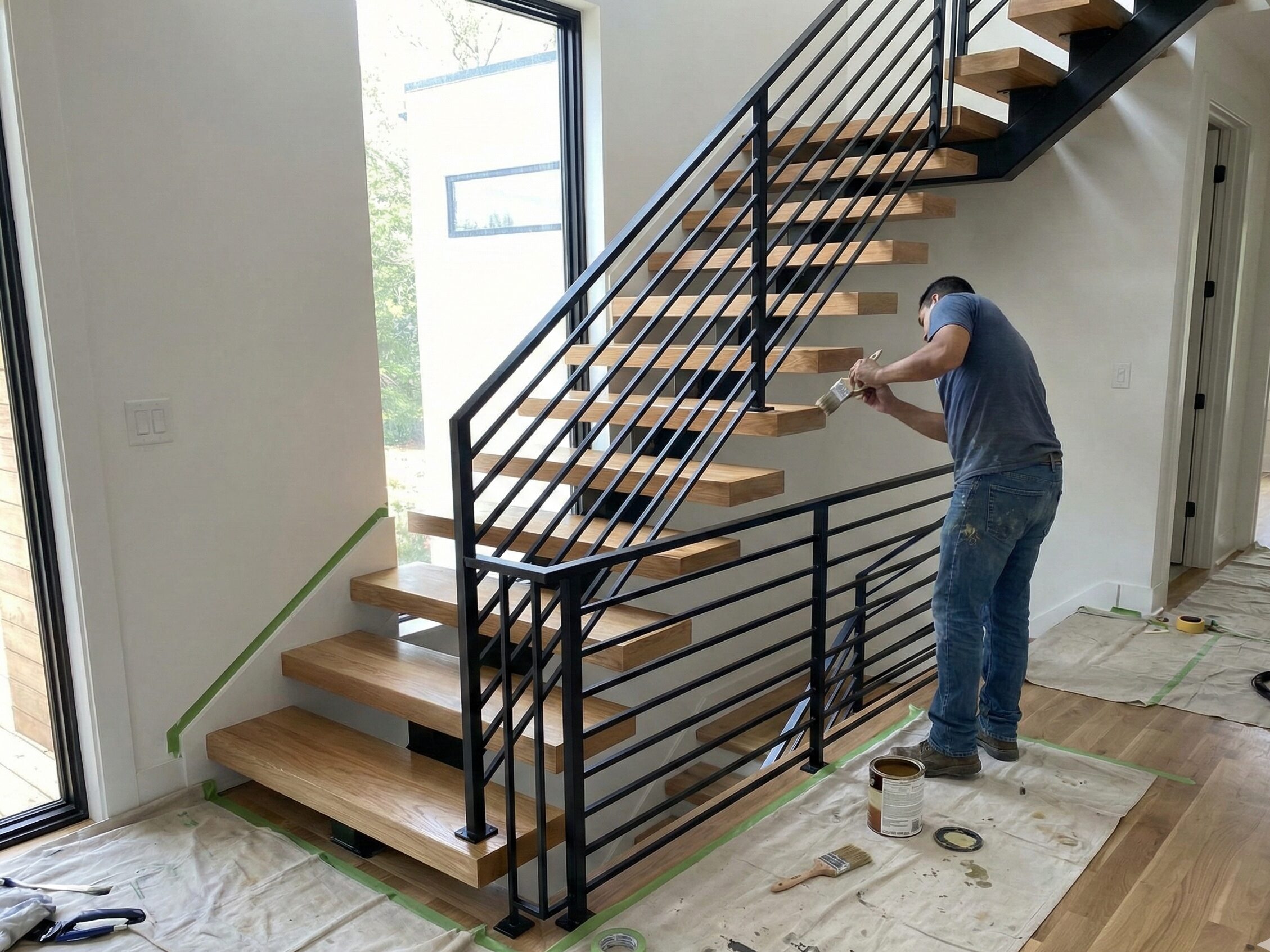 Modern floating staircase with black metal railing