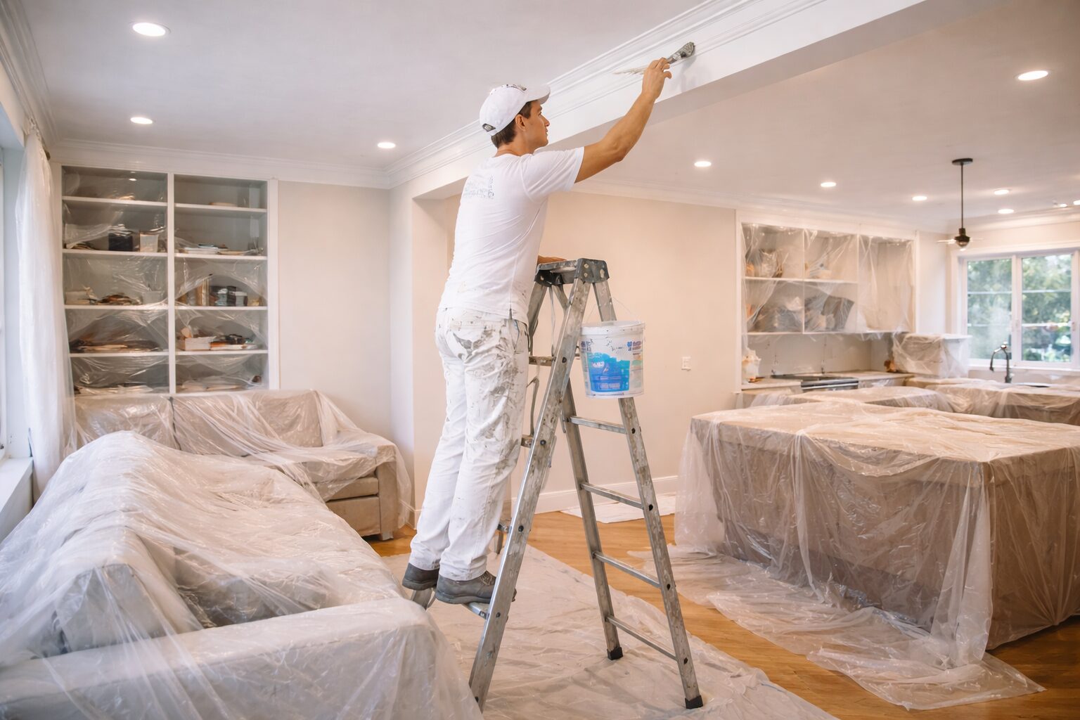 Painter working on crown molding