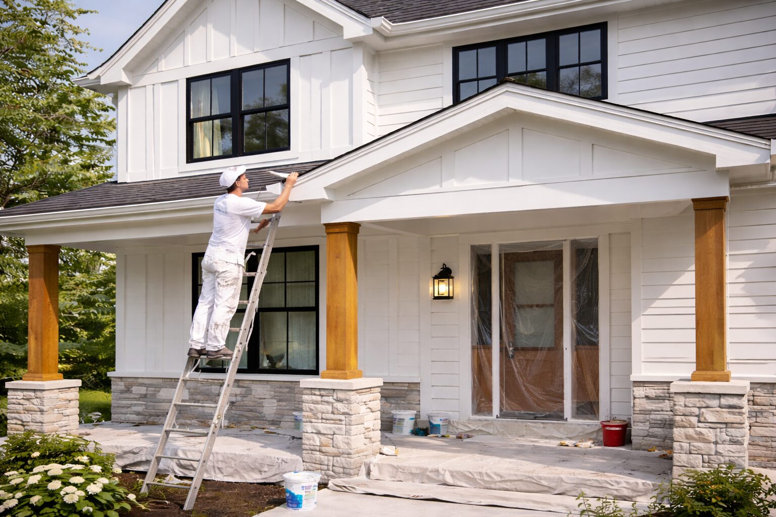 Painter working on farmhouse exterior