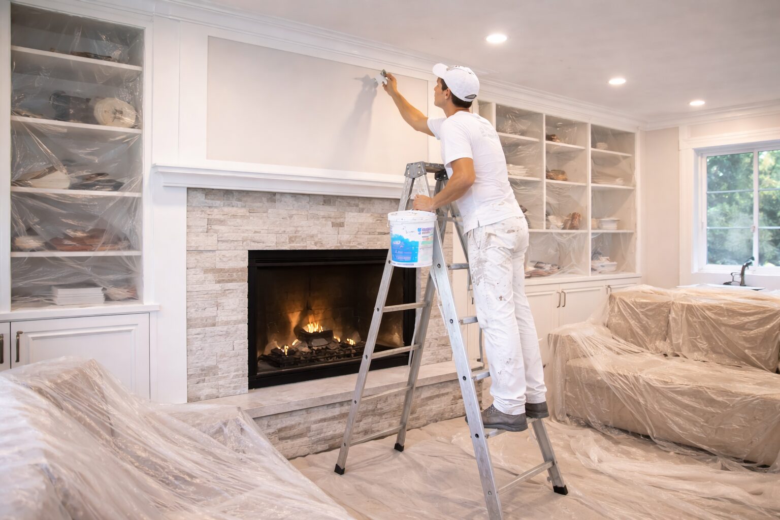 Painter rolling paint on an interior wall