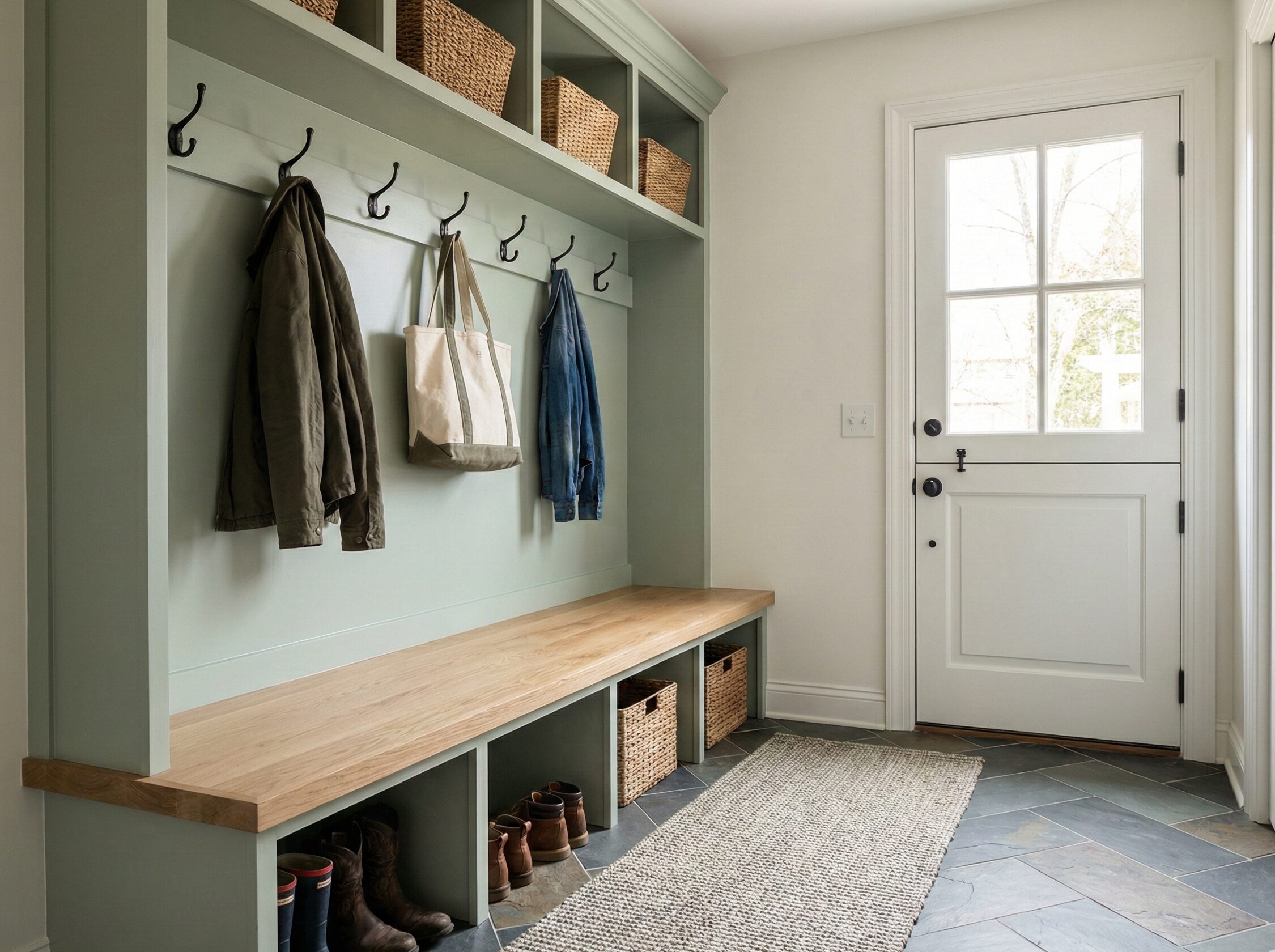 Built-in mudroom with sage green cabinetry and herringbone floor