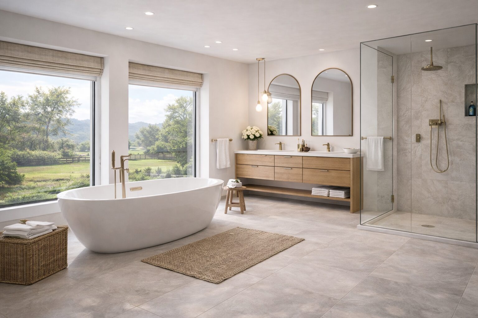 Serene bathroom with scenic hillside view