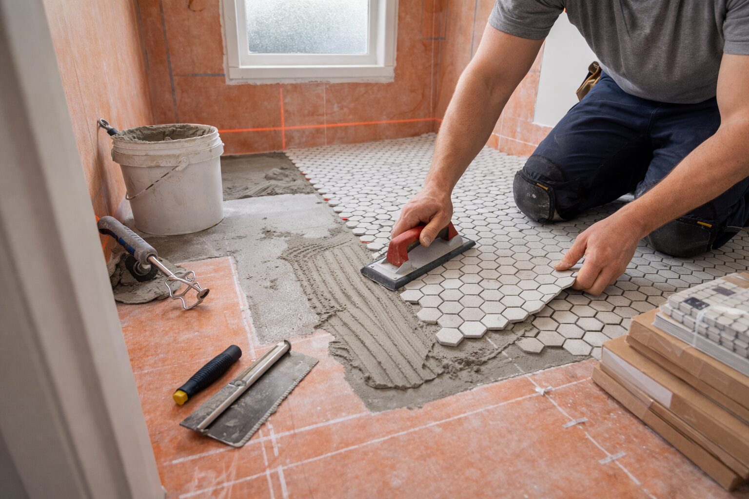 Tile setter working on a hexagonal mosaic floor